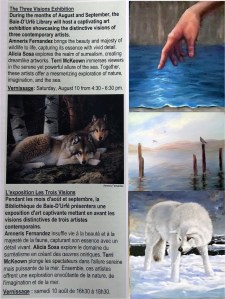 Exhibition Features work from Artists Alicia Sosa, Amneris Fernandez and Terri McKeown.
Show runs until the end of September at the Baie D'Urfe Library, Vernissage Saturday august 10th - 4:30 - 6 P.M.